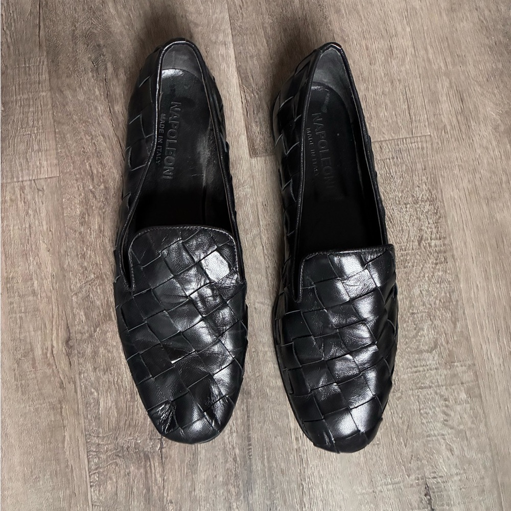 Napoleoni Black Italian Leather intrecciato woven Loafers comfy size 40 9(US)